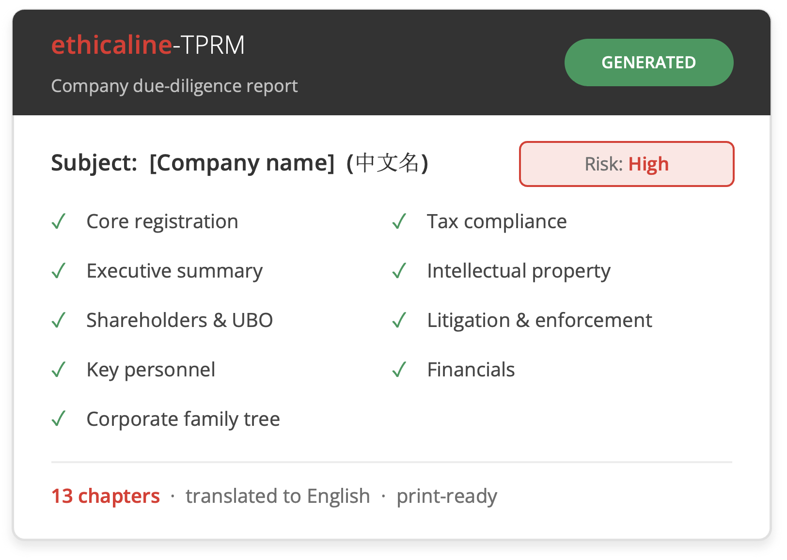 Ethicaline TPRM Chinese company due-diligence report: 13 chapters, translated to English