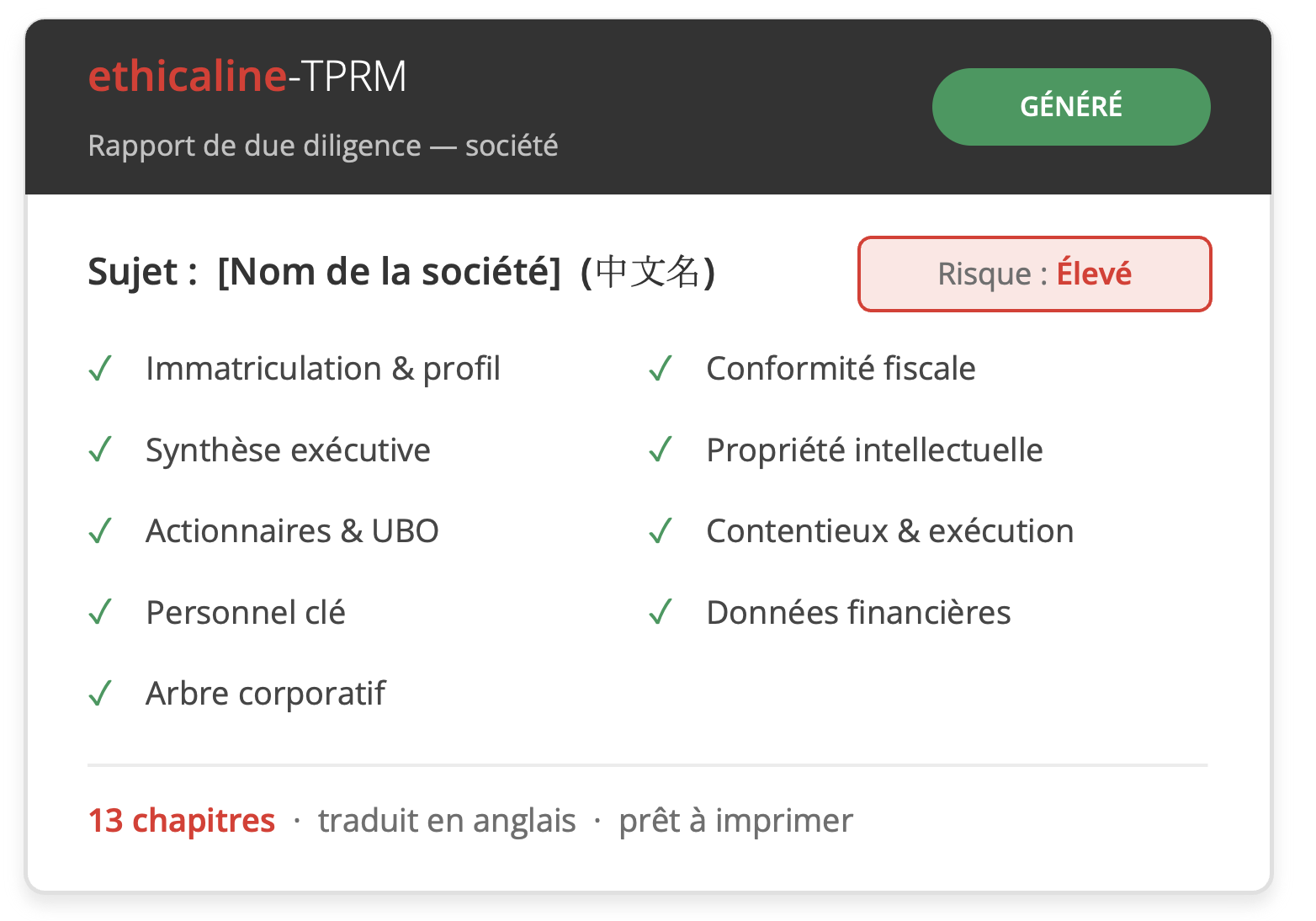 Rapport de due diligence société chinoise Ethicaline TPRM : 13 chapitres traduits en anglais